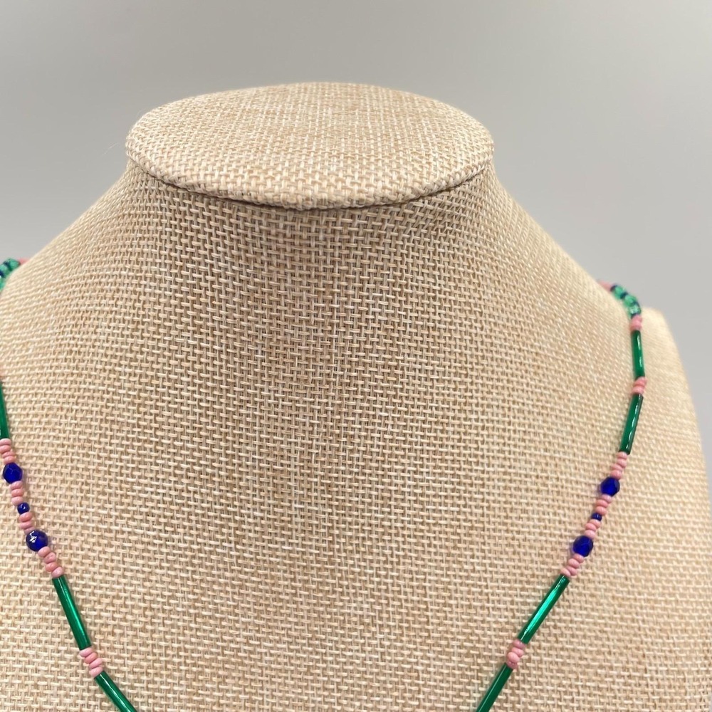 Handmade Beaded Pendant Necklace Boho Seed Bead Geometric Teal Pink Glass Fringe - Picture 2 of 8